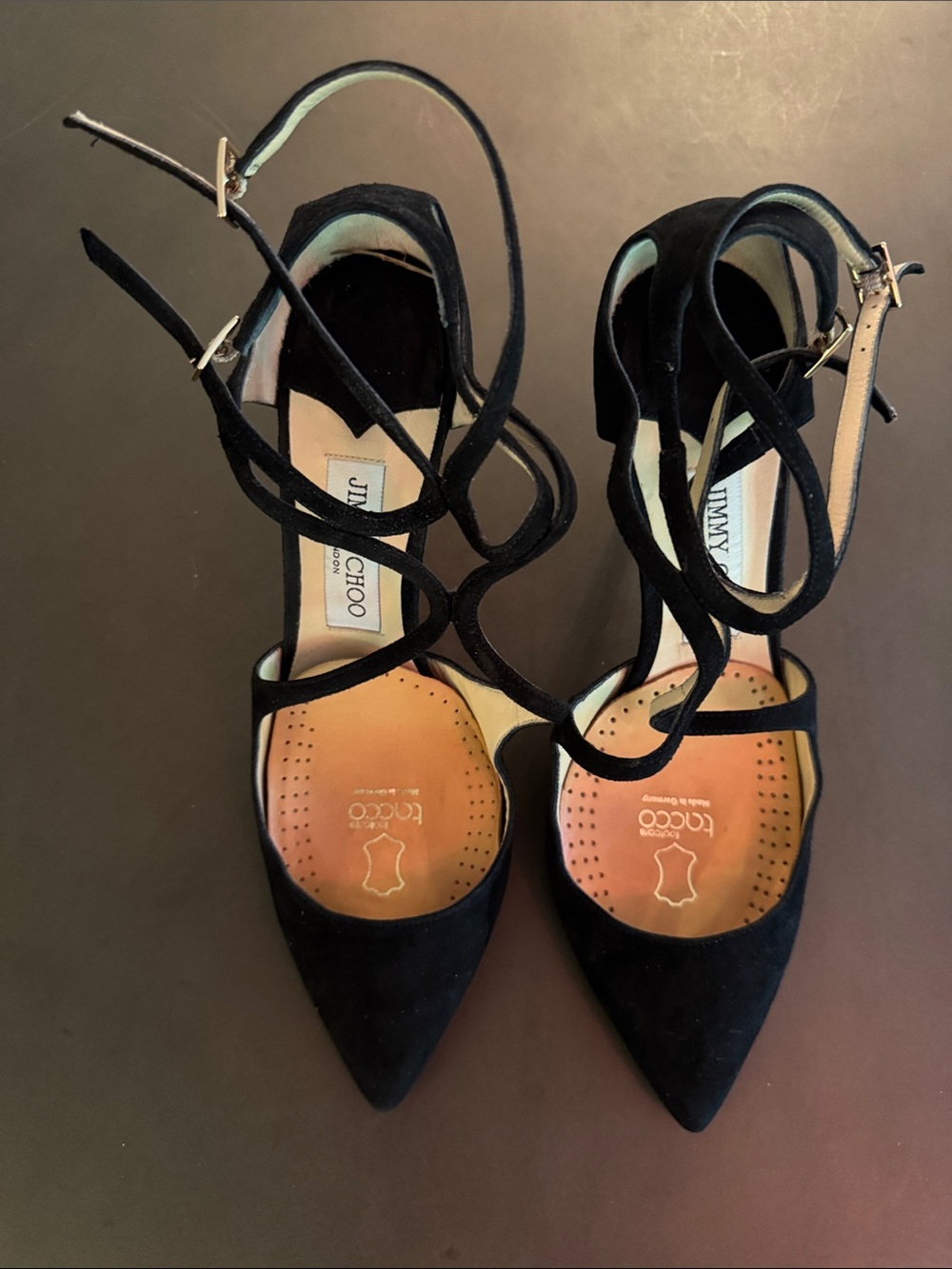 Jimmy Choo Black Suede Strappy Pointed-Toe Heels